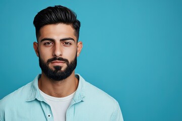 Obraz premium Man with beard in light shirt on blue background, portrait, confident look.