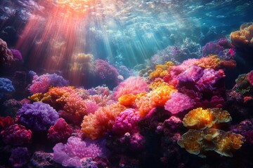 Naklejka premium A colorful coral reef with many different colored fish swimming around