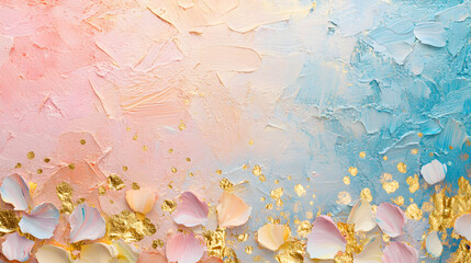 un fondo pintado en acrilico oleo o acuarela en colores pastel degradado con destellos de pintura dorada con petalos elegantes o escamas de pintura con espacio de copia fondo femenino y romantico