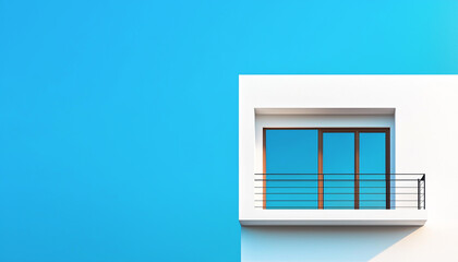 Minimalist modern architecture with a blue sky backdrop and a sleek balcony, offering a peaceful, contemporary aesthetic.