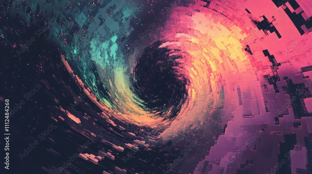 Poster a chaotic spread of pixel blocks in a pixelated swirl pattern, featuring bright colors against a dar