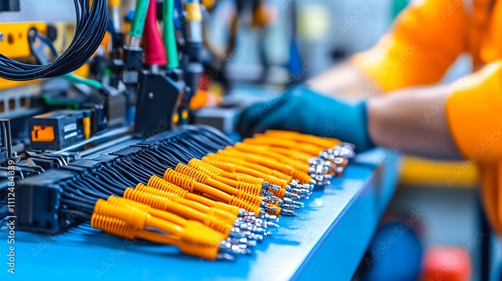 Poster neatly arranged fiber optic connectors on a workbench with tools visible in the background