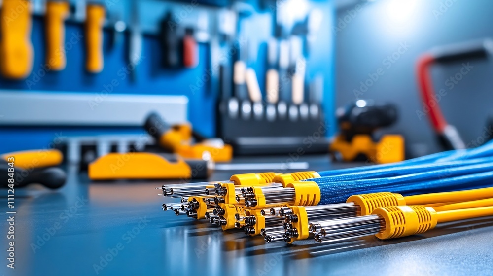 Poster neatly arranged fiber optic connectors on a workbench with tools in the background