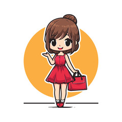 Cute cartoon character of girl is carrying shopping bags