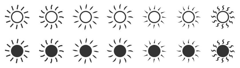 Stylized sun icons in various shapes and designs for weather themes.