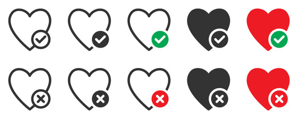 Heart approval and rejection icons for love or social themes in vector style.