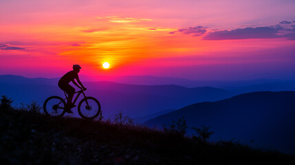 Naklejka premium Man riding a bicycle, silhouette on background of mountains and sunset sky
