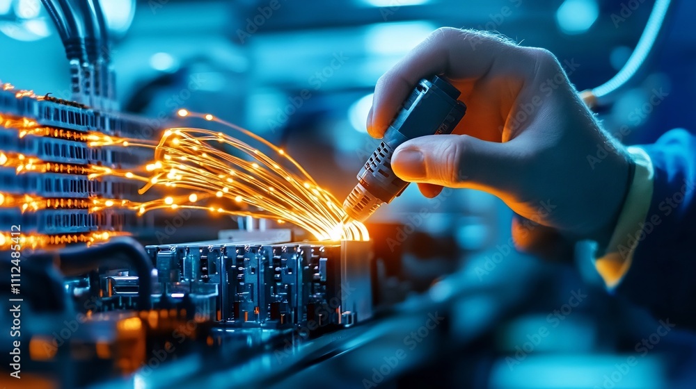 Poster close-up of technician inserting fiber optic cable into network port with glowing connection