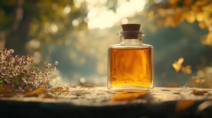 A glass bottle filled with amber liquid, surrounded by natural elements in a soft, warm setting.