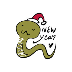 Kawaii Green Wooden Snake Lunar Chinese New Year 2025 Holiday Funky Groovy Postcard Illustration Cartoon Humor Boho Childish Drawing. Vector Christmas Animal Kids Stylized Concept With Lettering Clip