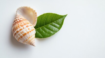 Seashell with Green Leaf on Plain Background
