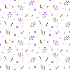 Seamless Floral Background with Small Flowers, Leaves, and Pastel Purple Patterns for Elegant Fabric
