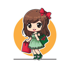 Cute cartoon character of girl is carrying shopping bags