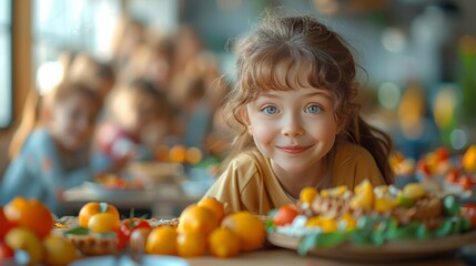 Fototapeta premium Joyful child enjoys colorful feast at a vibrant food gathering indoor setting playful atmosphere close-up view for families