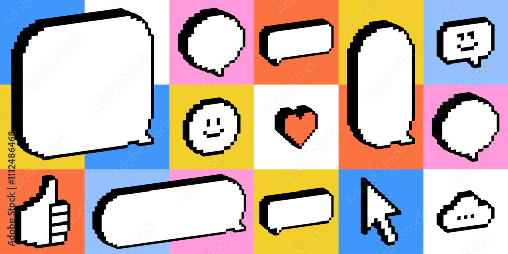Aufkleber 3d pixel art vintage background. bright speech bubble set. communication concept. empty dialogue box