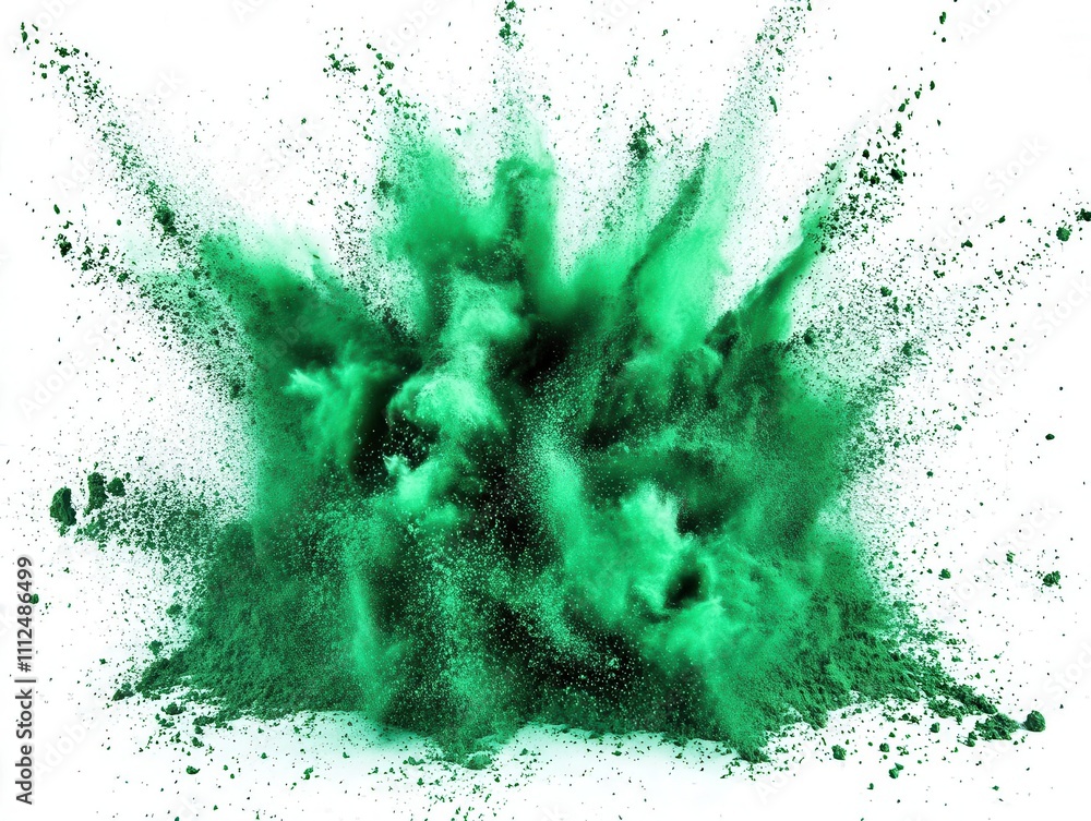 Poster vivid explosion of green powder on a stark white background, capturing the dynamic motion and textur