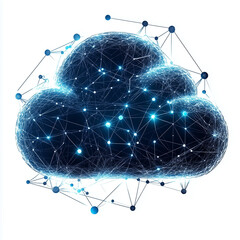 A cloud computing symbol with network lines, designed on a white background.