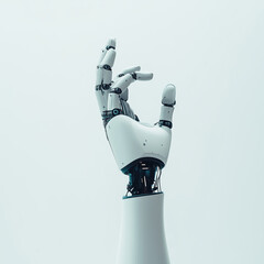 A robotic hand reaching upward, symbolizing technological advancement, centered on a white backdrop.