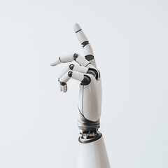 A robotic hand reaching upward, symbolizing technological advancement, centered on a white backdrop.