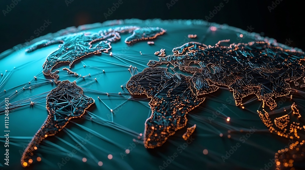 Aufkleber glowing fiber optic global network map visualizing digital data connections