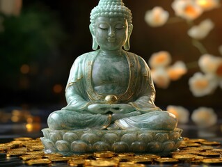 A jade Buddha glowing, resting on golden coins, conveys prosperity, Photorealistic, Exquisite...