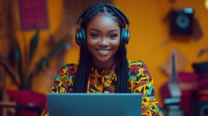 Obraz premium A smiling woman in headphones, working on a laptop in a vibrant, colorful setting.