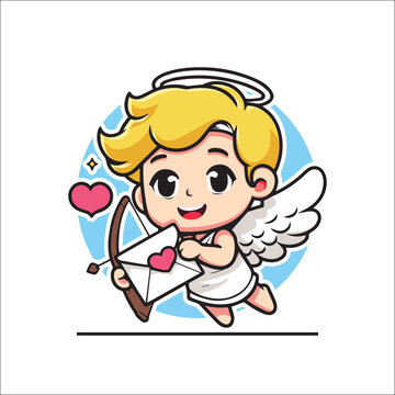Cute cartoon character of cupid is carrying a message of love