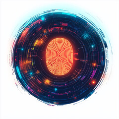 A glowing digital fingerprint in the center, symbolizing data security, with a white background.