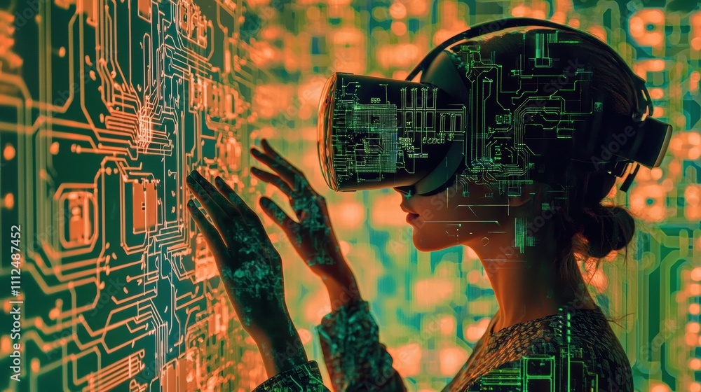 Poster futuristic virtual reality merging circuit patterns and interactive digital environments