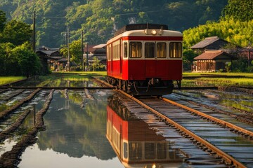 Obraz premium Vintage Red Trolley Car Gliding Through Flooded Tracks amidst Lush Greenery