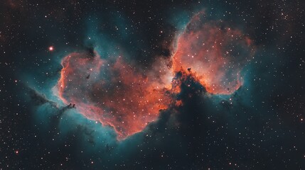 A glowing region of a nebula with subtle teal and pink tones accented by distant stars