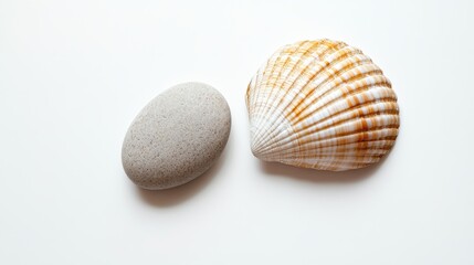 Fototapeta premium Serene Seashore: Pebble and Shell Harmony on a White Background