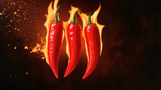 Burning red chili peppers surrounded by flickering flames