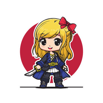 Cute cartoon character of lady pirate is holding sword