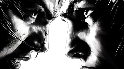 Fototapeta premium Confronting faces, intense stare, monochrome, graphic, close-up, fierce, powerful, conflict, animosity, 