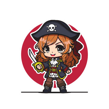 Cute cartoon character of lady pirate is holding sword