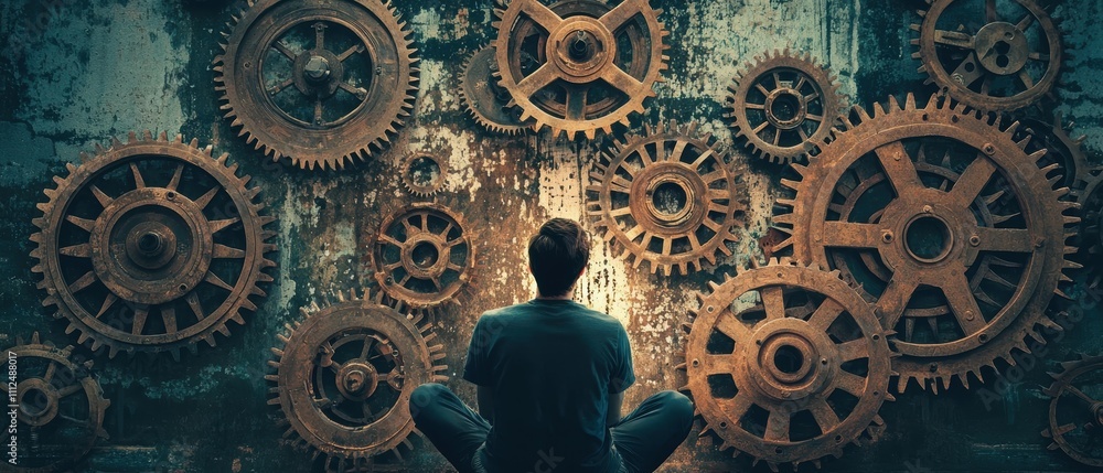 Poster contemplative individual surrounded by intricate clockwork gears in dim environment