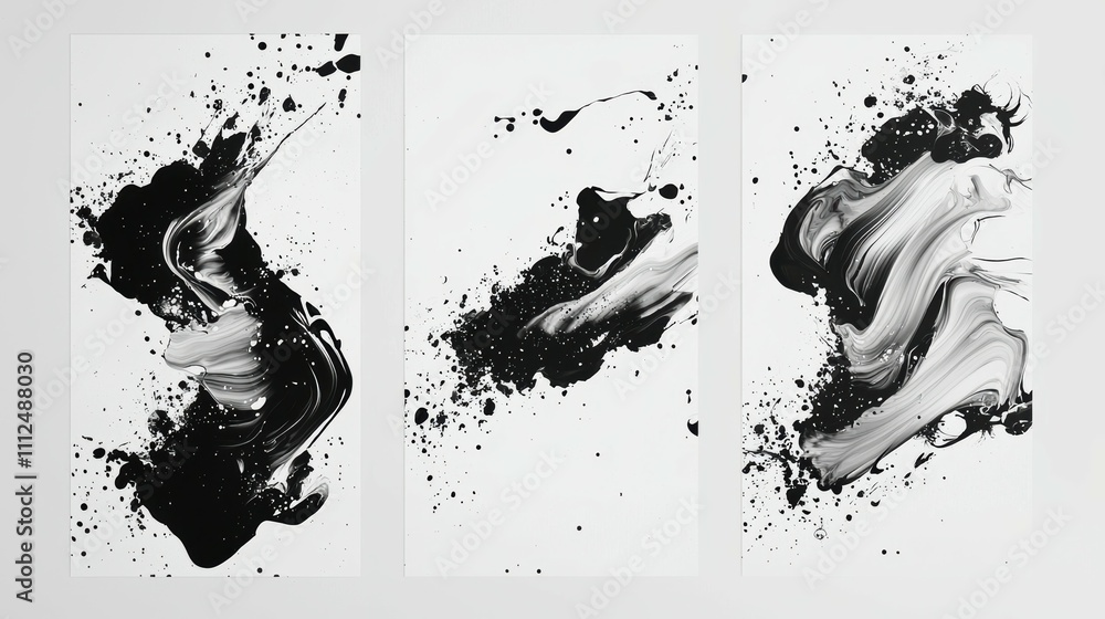 Poster contemporary gallery showcase dynamic monochrome ink splash patterns in abstract art