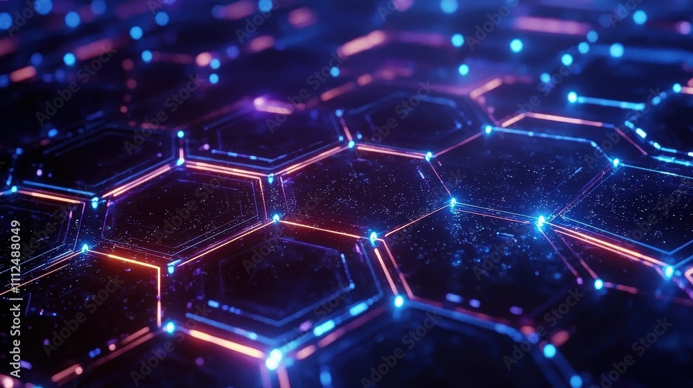 Poster intricate neon blue patterns futuristic hexagonal grids in digital art