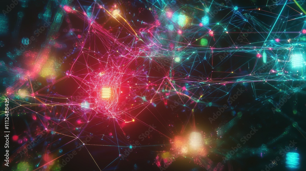 Aufkleber dynamic ai network nodes in a vibrant digital landscape a futuristic visualization