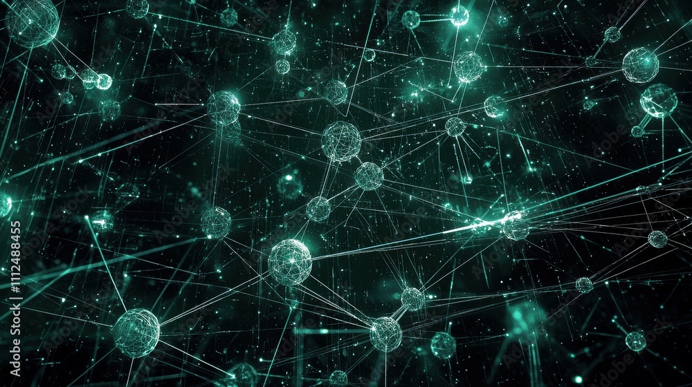 Poster futuristic concept dynamic ai network nodes in 3d digital space visualization