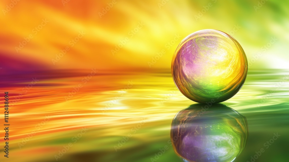 Poster colorful abstract orb reflecting on water surface with vibrant swirls of light in the background cre