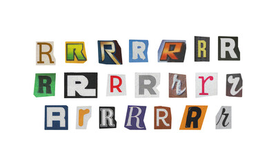 Set of cut-out letter “R” from magazines on a transparent background, retro y2k ransom font style