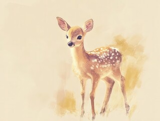 watercolor illustration of a baby deer, featuring soft pastel colors and delicate brushstrokes, capturing the innocence and charm of wildlife in a visually appealing graphic resource