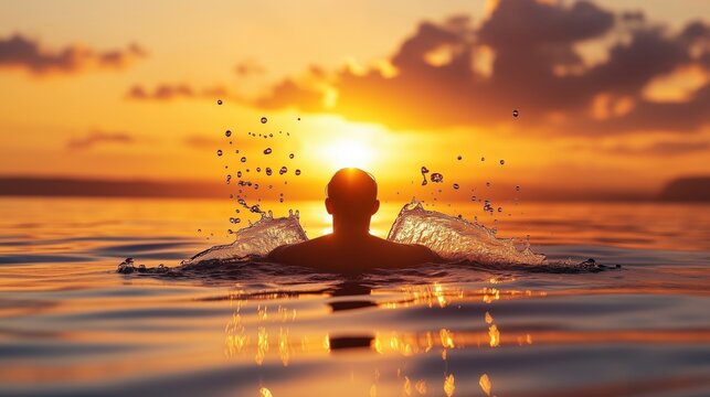 Mensch taucht in einen See bei Sonnenuntergang ein