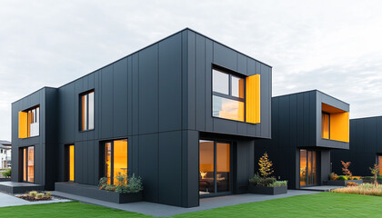 Fototapeta premium Modern black cubic houses with yellow accents under a cloudy sky, surrounded by green grass and minimal landscaping.