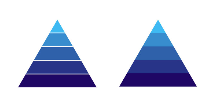 Pyramid chart graph infographics diagram icon vector. 5 tier pyramid chart. 5 step by step levels with colors for business concept. Vector flat style illustration icon shapes infographics element.