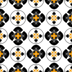 A vibrant floral pattern featuring black and yellow flowers arranged in a repetitive design on a white background.