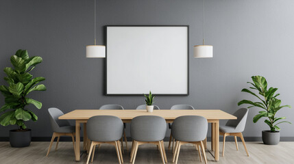 Modern conference room with wooden table, gray chairs, plants, and blank frame on gray wall. Minimalist office interior design.