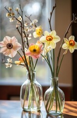 Spring blossoms in glass vases on a sunny day
